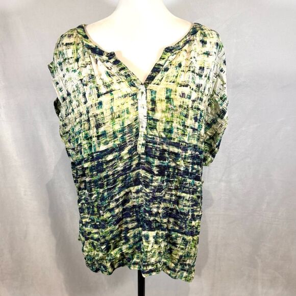 Green blue and white lightweight abstract print vneck top size 2X - Picture 1 of 7